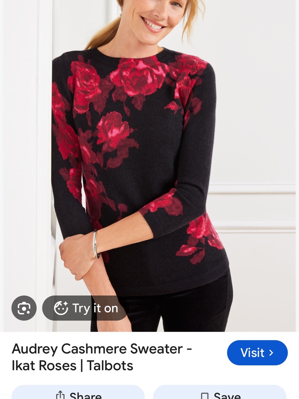 Talbots black crewneck sweater with red rose jacquard